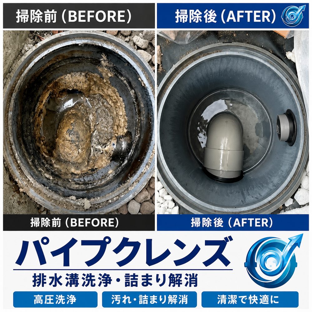 屋外排水溝の清掃前・清掃後の様子