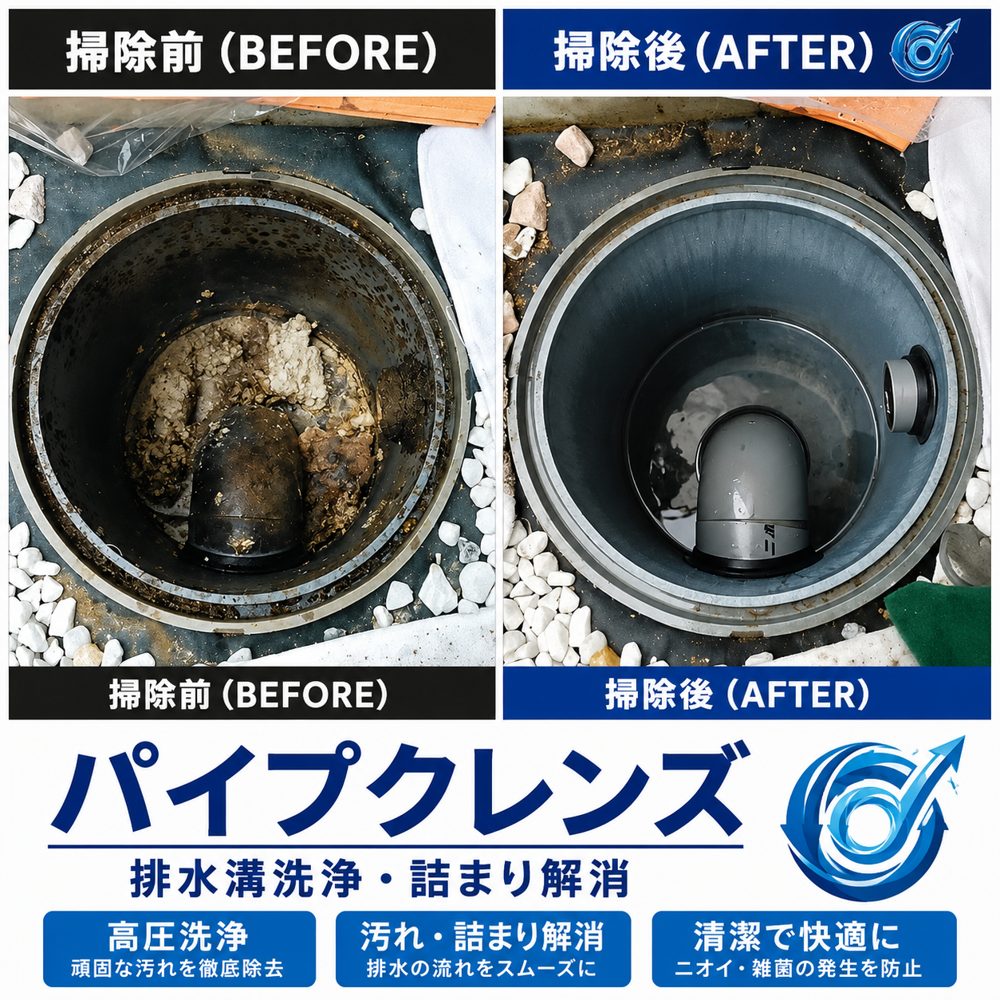 屋内排水口の清掃前・清掃後の様子